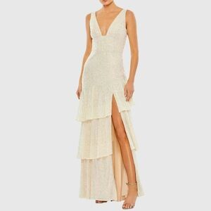 Mac Duggal Iridescent Beige Sequin Asymmetrical Ruffle Tiered Gown